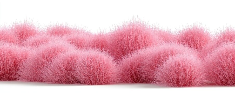 A close-up shot depicts a mass of soft, fluffy, pink objects, reminiscent of fur or fuzz, against white
