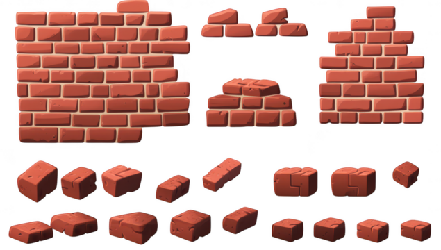 A collection of various red bricks arranged in different patterns. their textures and shapes. suitable for architectural design or construction illustrations - Powered by Adobe