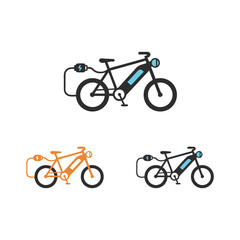 Three electric bikes are displayed in different colors, each connected to a charging cable, showcasing the electric nature of the bicycles.