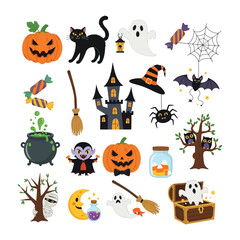 Halloween Icons: A collection of Halloween-themed icons, featuring a grinning pumpkin, a sleek black cat, playful ghost, a wicked witch's hat, and a haunted castle.