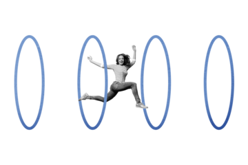 Composite photo collage of excited girl run hoop circle gymnastics sporty lifestyle active hobby leisure isolated on painted background