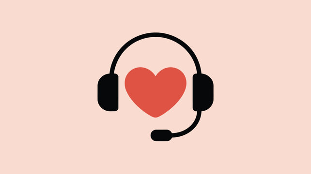 Illustration of black headset with microphone and red heart on a light pink background