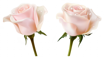 Two delicate pink roses with soft petals and dew drops. positioned gracefully against a white background. conveying elegance and beauty. ideal for floral-themed designs or romantic occasions