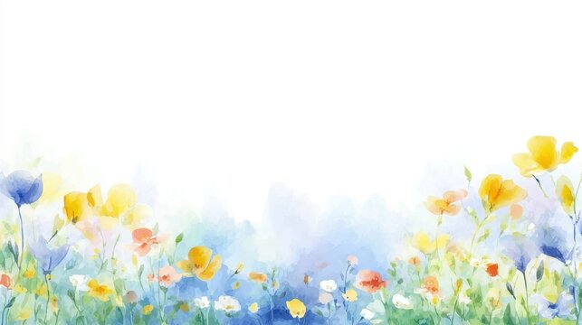 AI generative watercolor background with spring flowers and copy space. Ideal for online and print media.