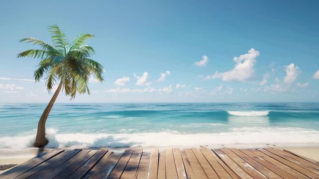 Tropical Beach Boardwalk Animation - Palm Tree and Turquoise Ocean Waves for Travel Marketing, Resort Promotions, and Relaxation Videos