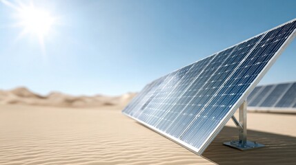 solar panels in desert landscape, bright sunlight, futuristic clean design, renewable energy concept