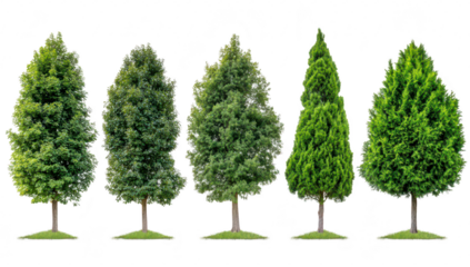 A collection of five distinct tree types varying shapes and foliage. positioned on a grassy area. with a clear background emphasizing their unique characteristics