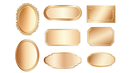 A collection of elegant. golden decorative frames and labels in various shapes and sizes. ideal for enhancing invitations. announcements. or product packaging. set against a clean background