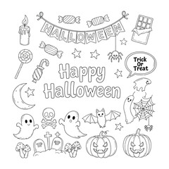 Spooky Celebration: A meticulously crafted black and white illustration showcases a range of iconic Halloween elements and symbols.