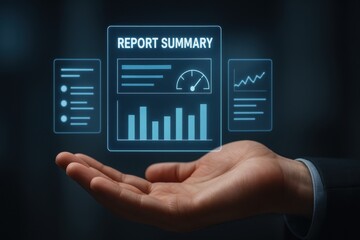 Smart factory predictive maintenance. A hand presenting a digital report summary with graphs and statistics in a modern interface.