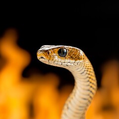 Obraz premium Tan and Brown Striped Snake Against Fiery Orange and Yellow Flames