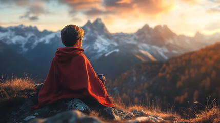 Fototapeta premium A child dreaming of being a superhero while standing on a mountain, embracing adventure and ambition.