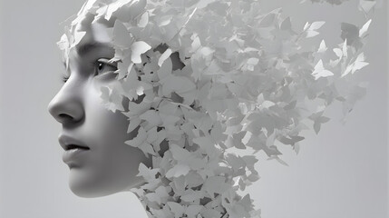 Profile of Woman's Head Dissolving into White Paper Butterflies Representing Transformation, Freedom, Identity, Beauty, and Imagination