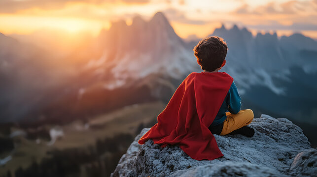 A child dreaming of being a superhero while standing on a mountain, embracing adventure and ambition.