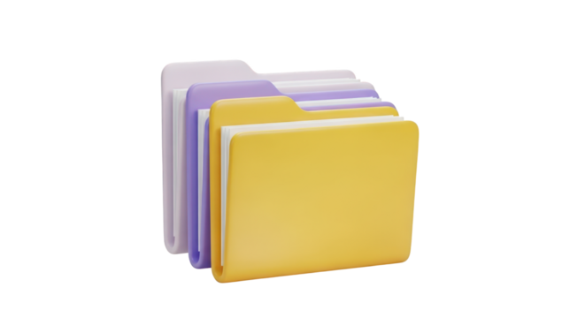 Stack of colorful file folders with white paper isolated on a transparent background document