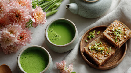Breakfast flat lay with matcha drinks and pink flowers for feminine nurturing self care
