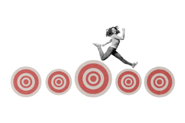Composite photo collage of excited girl run target goal career growth promotion concept success leader work isolated on painted background