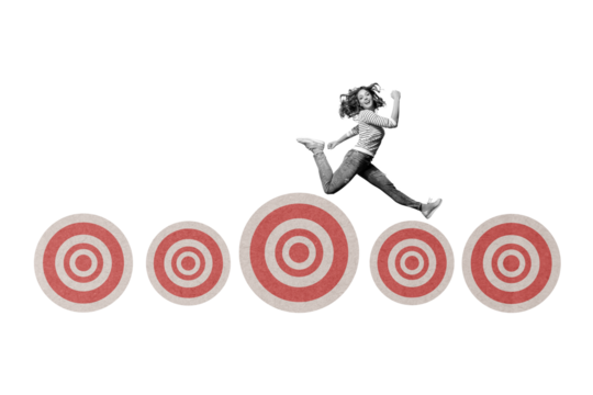 Composite photo collage of excited girl run target goal career growth promotion concept success leader work isolated on painted background