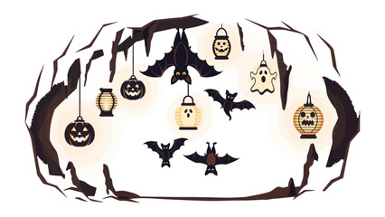 Spooky Nighttime Silhouette: A creative illustration depicting a Halloween night scene with bat and ghost silhouette decorations within the bare branches of a dead tree.