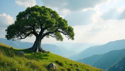 Obraz premium Ancient Oak Tree on Windswept Hilltop, Misty Valley View Resilience and Wisdom