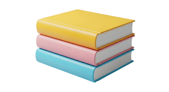 Stack of three colorful closed books isolated on a transparent background yellow pink
