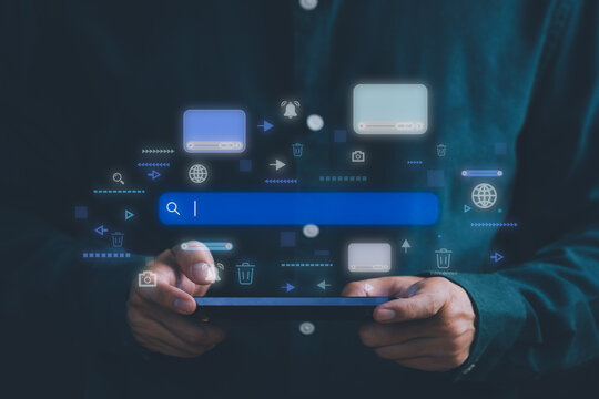 Man using a smartphone with digital interface for video content moderation. Concept of online streaming, copyright protection, video platform, content removal, AI moderation and digital safety.