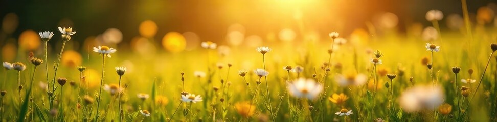 Fototapeta premium A sun-drenched meadow bathed in golden light, wildflowers swaying gently in a soft breeze, conveying a sense of effortless joy and peaceful contentment , landscape, peace, grass