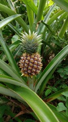 Fototapeta premium A young pineapple, growing in its natural environment, surrounded by long, green leaves