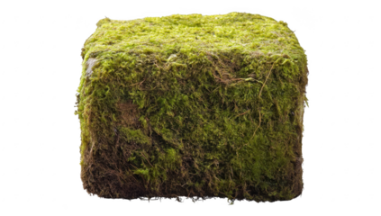 A lush green moss-covered block resting on a white background. symbolizing natures beauty and texture. ideal for environmental themes and organic product promotions