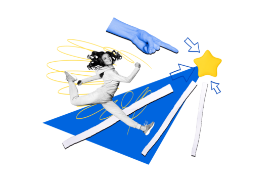 Composite photo collage of happy businesswoman run promotion arrow point star hand index finger point success isolated on painted background