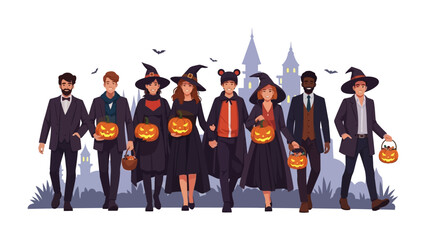 Enchanted Gathering: A diverse group of individuals in costume, illuminated by the haunting glow of jack-o'-lanterns, approach a mystical castle backdrop.