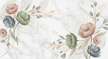 Elegant Floral Mural with Abstract Flowers and Gold Accents on Marble. 3D relief wallpaper with Majestic 3D Wall Mural. floral landscapes. 3d floral art, floral wallpaper, Luxurious textile tile wall 
