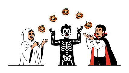 Halloween Juggling Act: A group of friends dressed in festive Halloween costumes, engaged in a playful game of juggling carved pumpkins amidst a spooky yet enchanting atmosphere.