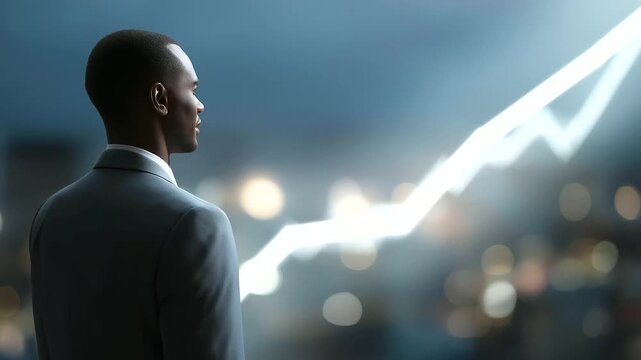 male executive standing before holographic upward graph city skyline twinkling at night faint traffic noise below soft beeps from trading screens immersive finance vibe three quart