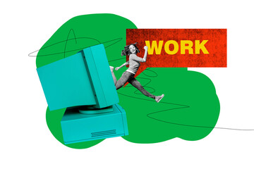 Composite trend artwork sketch image collage of work hiring business hr candidate small woman appear computer monitor walk direction aim