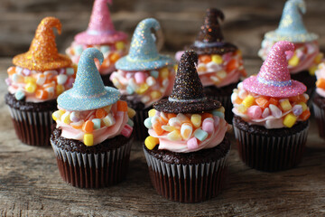 Cupcakes topped with candy witch hats and sparkling edible glitter for Halloween sweets autumn dessert celebration