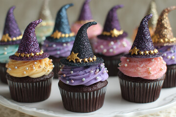 Delicious Halloween sweets featuring cupcakes with candy witch hats and sparkling edible glitter for autumn desserts