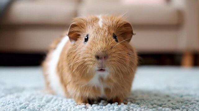 Adorable brown and white guinea pig sitting on a light blue carpet, looking directly at the camera with a cute expression