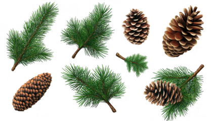 A collection of realistic pine branches and pine cones arranged artistically. their natural textures and colors. suitable for seasonal decorations or nature-themed designs
