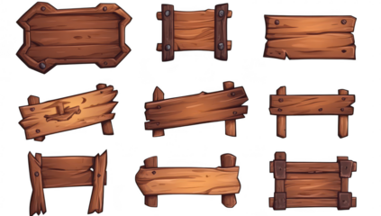 A collection of various wooden signboards in different shapes and orientations. a rustic design suitable for outdoor settings. with a focus on natural textures and colors