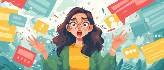 panoramic banner with young woman overwhelmed with social media / work / email notifications; cartoon style emotional design 