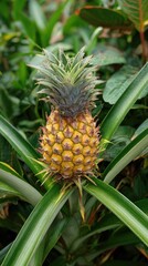 Obraz premium Close-up photograph of a single ripe pineapple, surrounded by lush, green vegetation