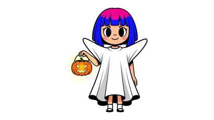 Little Ghost's Halloween Adventure: A cute cartoon child dressed as a ghost, holding a jack-o'-lantern, ready to enjoy trick-or-treating. Capturing the joyful spirit of Halloween.