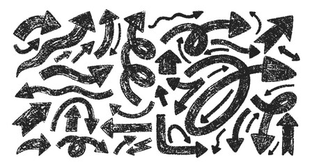 Set of bold and thin arrows with crayon, chalk or pastel texture. Rough hand drawn elements for school design. Doodle vector illustration isolated on a white background.