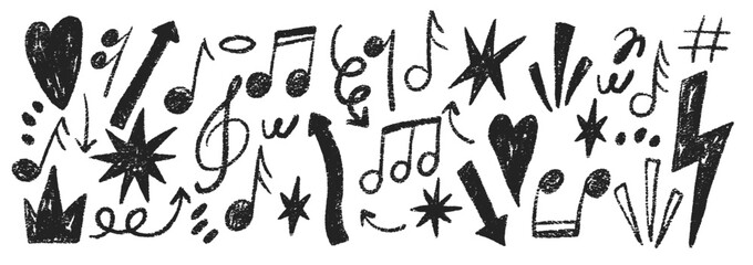 Grunge rock punk music elements with crayon, pastel and chalk texture. Lightning, star, notes and crown in doodle style. Black vector illustration on a white background.