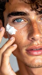 A close-up of a man's hand applying anti-aging cream under his eye, focusing on delicate skin care.