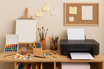 Art supplies including paint, brushes, pencils, and a printer sitting on a desk, suggesting a creative workspace