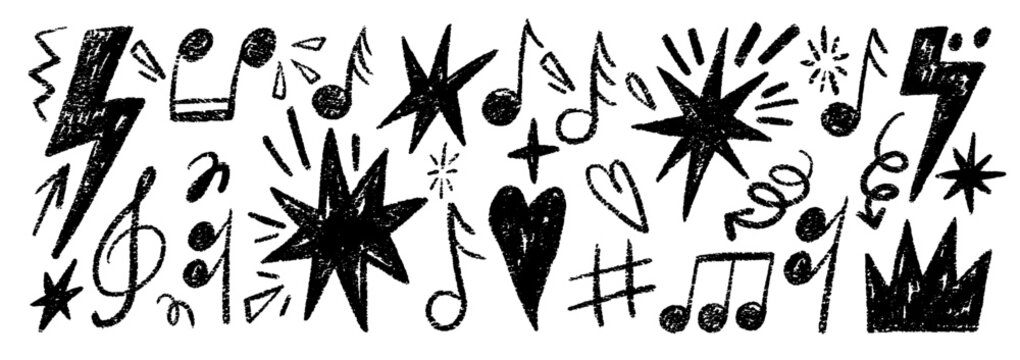 Hand drawn rock punk music elements with crayon, pastel and chalk texture. Lightning, star, notes and crown in sketch style. Black vector illustration on a white background.