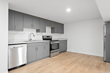 Kitchen with a silver dishwasher, stove, and refrigerator