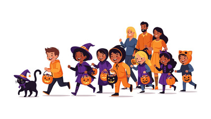 Halloween Parade of Mischief: A lively illustration captures the excitement of a Halloween parade, with costumed children and adults, accompanied by a black cat.